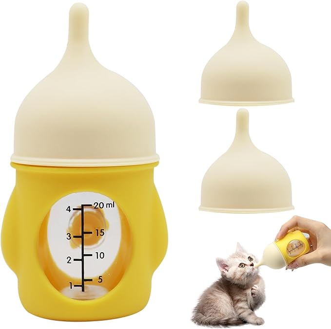 Pet Feeder Bottle Animal Feeding Bottles Kitten Bottles for Nursing Anti-Choking Design for Newborn Kittens Puppies Small Animals with 2 Pcs Replacement Nipple (Yellow, 20 ml)