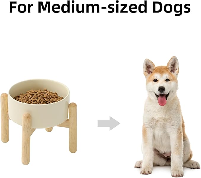 Ceramic 6.1inch Raised Dog Bowl with Stand for Small and Medium Dog Dish Pet Food and Water Bowl (Single Bowl with Stand - Light Yellow)