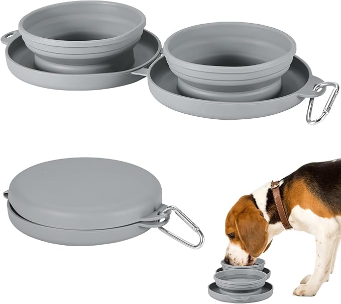 Collapsible Dog Water Bowl 2 in 1 Foldable Pet Food and Water Bowl Portable Cats Dishes with Carabiner Clip for Traveling Hiking Camping Walking (Grey)