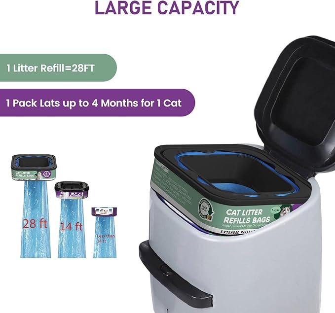Cat Litter Refill Bags Cartridge 28FT, Compatible with Litter Cat Genie Standard, Plus, XL, XL+ Pail Refills, 7-Layer Odor Control Pet Waste Bags 8 Pack