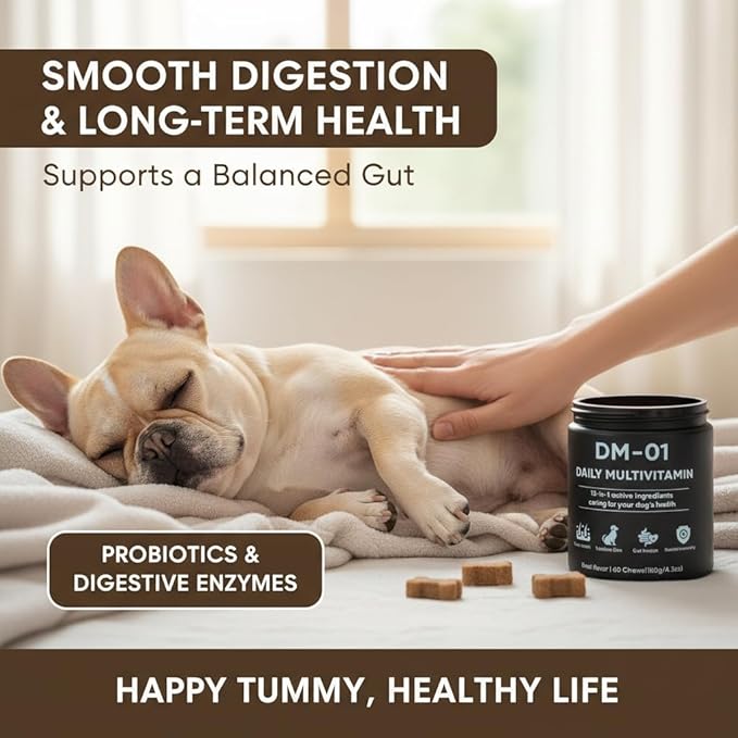 DM-01 Daily Multivitamin, Multivitamin Itch Relief Chews for Dog, with Folic Acid, Salmon Oil, Chondroitin & Natural Vitamins, Skin and Coat Healthy, Digestive & Boost Immunity, 60 Chew (Beef)