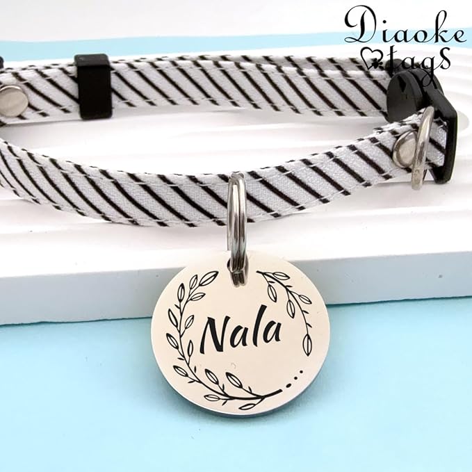 Stainless Steel Cat ID Tag Personalized Pet Tags with up to 4 Lines of Custom Text, Small Pet Mini Dog Cat Tag Lightweight, Engraved on Both Sides, Multiple Patterns Colors Size Options
