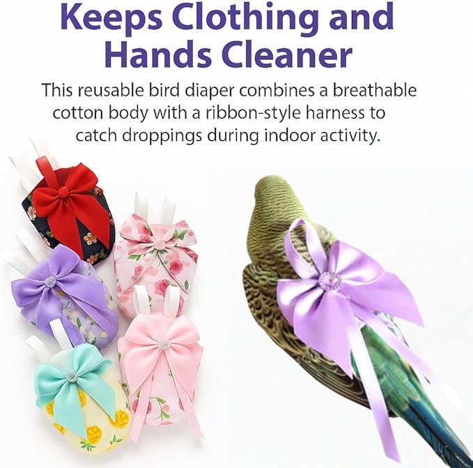 6pcs Bow Bird Diaper Set, Soft Reusable Flight Suit Clothing for Parrots Budgies Cockatiels — Cleaner Indoor Bonding & Training (S)