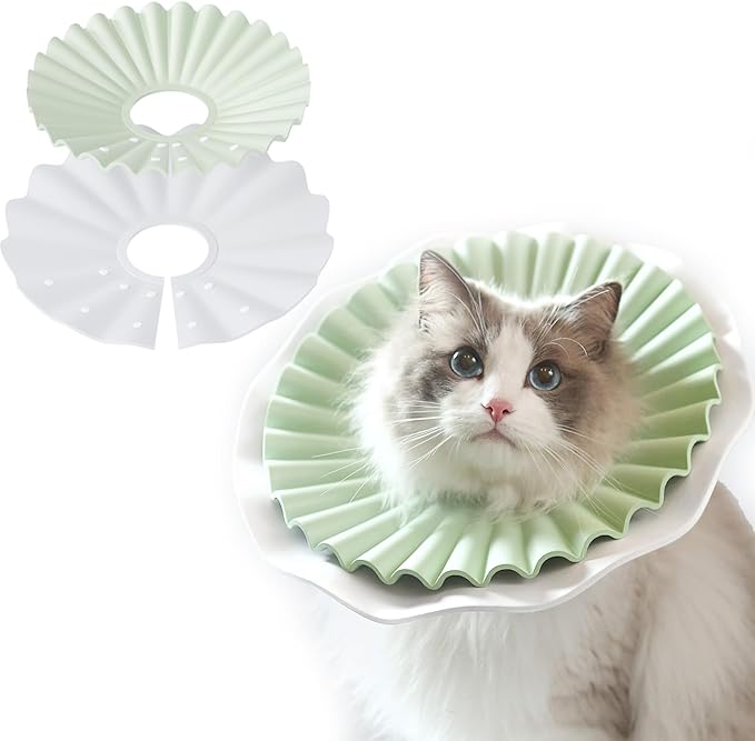 2 Pieces Soft Cat Cone Collar– Adjustable Lightweight Recovery E-Collar to Stop Licking, Scratching & Biting After Surgery, Comfortable Wound Healing Cone Alternative (Green, M)