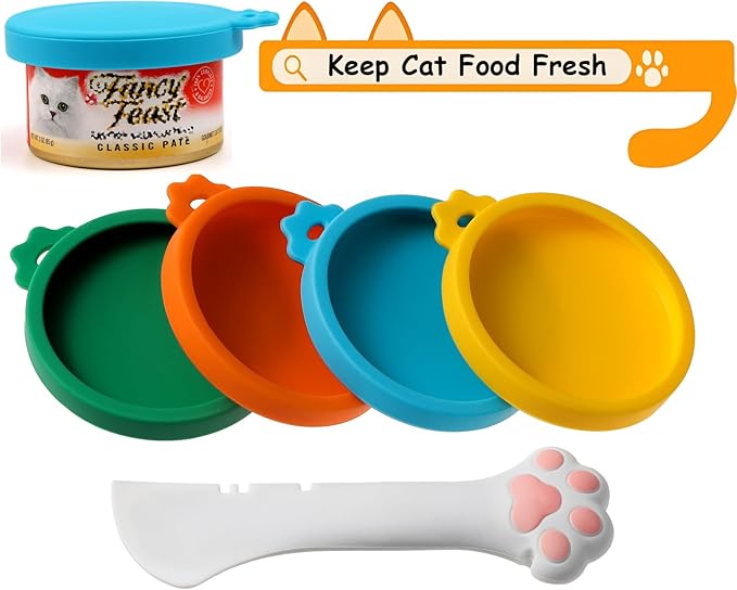 Joyinjojo Cat Food Can Lids with Cat Food Spoon, 4 Pack Small Silicone Pet Food Can Covers Lids for Cat Food Cans 3 oz, Multi-Functional Cat Spoon Can Opener Spatula for Canned Wet Food