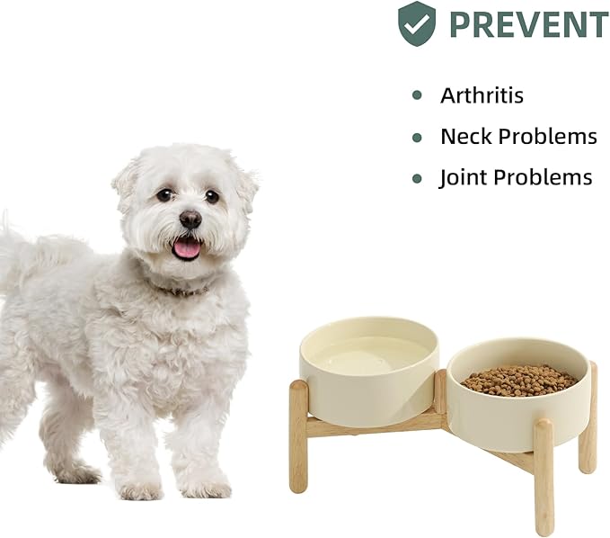 Ceramic 6.1inch Raised Dog Bowl with Stand for Small and Medium Breed Dog Dish Pet Food and Water Bowl (Double Bowl with Stand - Light Yellow, 28oz)