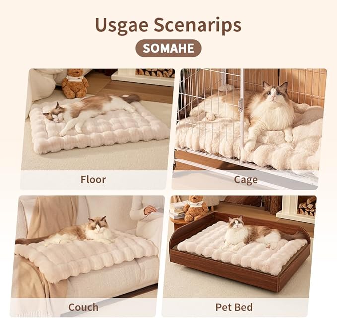 Self-Warming Cat Bed, Plush Faux Fur Pet Bed Mat with Anti-Slip Bottom, Ultra Soft Heated Bed for Cats & Medium Dogs, Cozy Fluffy Pad for Couch & Crate, Machine Washable, 27x20 Inch White
