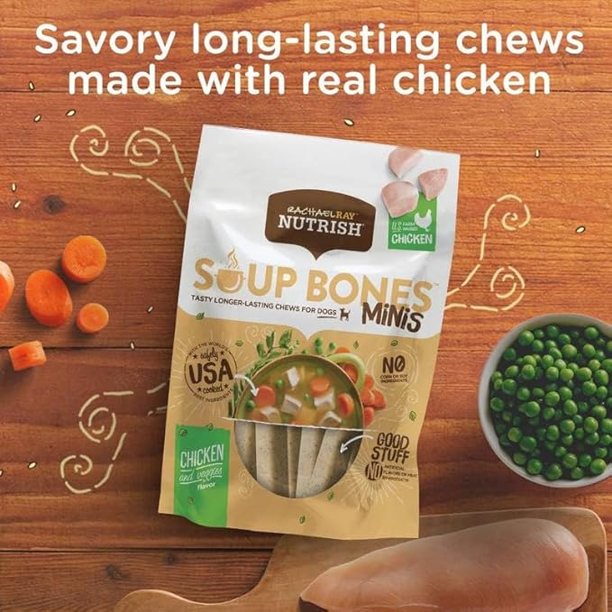 Variety Rachael Ray Nutrish Soup Bones Minis Dog Treats For Smaller Dogs Real Beef & Barley and Real Chicken & Veggies - Each Pack 4.2 oz/ 6 Chew Treats (Minis) by Rachael Ray