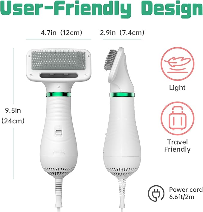 Dog Hair Dryer, 2-in-1 Pet Hair Brush with Hair Removal Comb Release Button, Dog Dryer for Pet Grooming, Adjustable Temperature & Speed, Portable Dog Cat Dryer for All Size Pets (White-2)