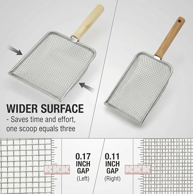Fine Mesh Cat Litter Scoop, Stainless Steel Mesh Scooper, Stainless Steel Cat Litter Scooper Caddy Trash Container, Wide Rabbit Poop Lifter with Beech Handle