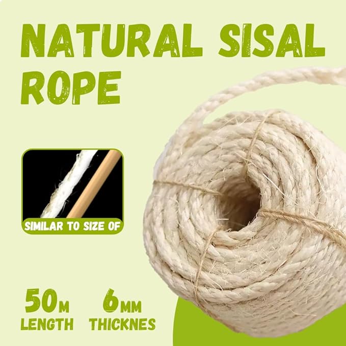 Natural Sisal Rope for Cat Scratcher Replacement, Durable Cat Tree Post Repair Cord for DIY Projects, Climbing Towers, Furniture Protection, Scratch Pad, Crafts, Garden, and Home Décor Use