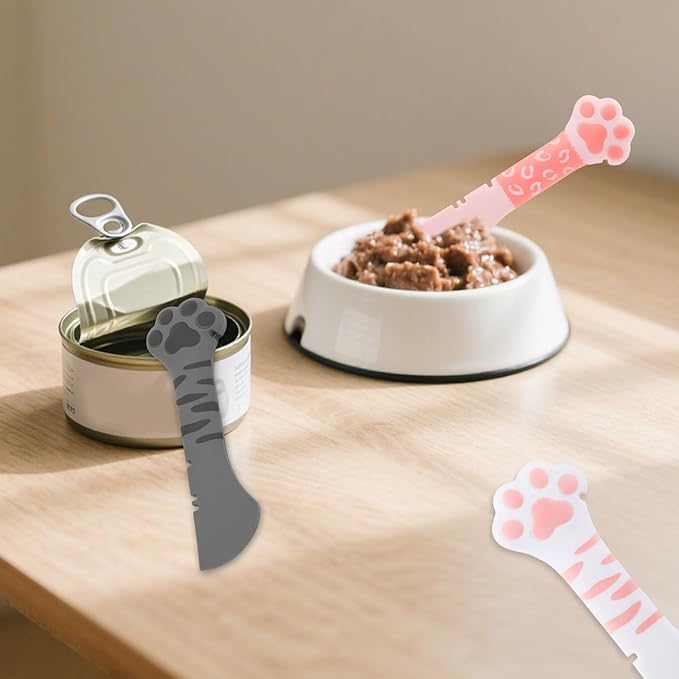 Tinoaly 3 Pcs Dog Cat Food Spoon, Adorable Paw Spoon for Wet Food Silicone Can Opener Multifunctional Pet Spatula Scoop Mixing Spoons for Cat Dog Supplies (White, Pink & Dark Grey)