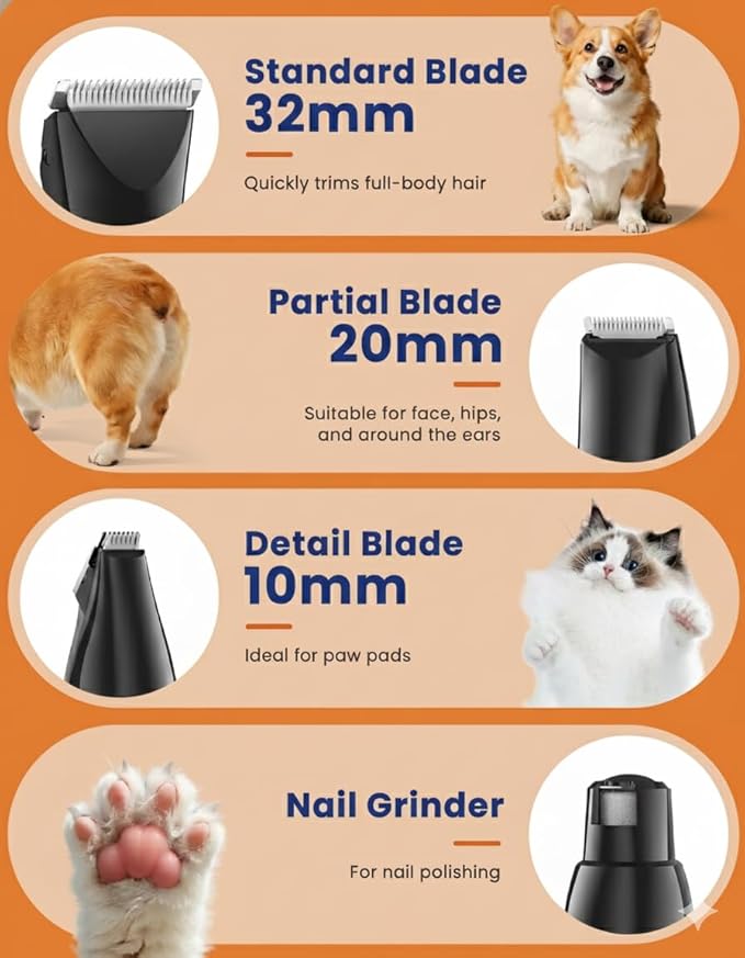 Dog Clippers Grooming Kit Cordless Hair Clipper Rechargeable Paw Trimmer Quiet Nail Grinder Shaver for Cats Dogs Pets