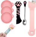 6 PCS Cat Food Can Covers Set, Reusable Silicone Can Lids with Opener, Stainless Steel Wet Food Spoon & Cat Treat Squeezer for Pet Feeding and Storage, Fits Cats & Dogs (Black Pink)