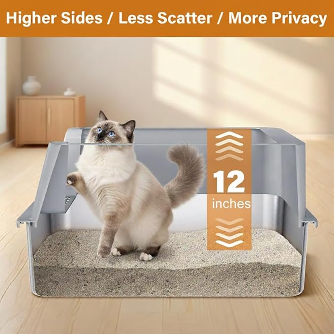 XL Stainless Steel Litter Box, Extra Large High Sided Metal Cat Litter Box with Lid and Scooper, Easy Clean, Non Stick & No Smell-24"x16"x12"