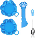 SJANE Cat Food Can Spoons & Can Lids | 4 Pcs | Colorful Multi-Function Opener | Universal Soft Silicone Pet Food Covers | Stainless Steel Wet Food Spatula for Kittens and Dogs(Blue)