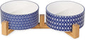 Selamica Ceramic 30 OZ Dog Bowls, Dog Food and Water Bowls with Wooden Stand, Anti-Slip Dogs Dishes Set for Cats Small & Medium Sized Dogs, Weighted Pet Bowls Set of 2, Vintage Blue A