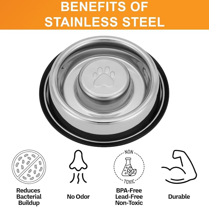 Neater Pet Brands Stainless Steel Slow Feed Bowl - Non-Tip & Non-Skid - Stops Dog Food Gulping, Bloat, Indigestion, and Rapid Eating (.75 Cup)