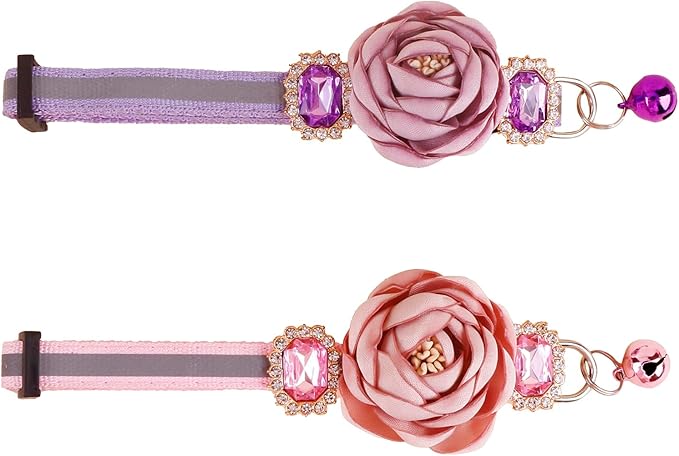 2 Pack Cat Collar Pink Floral with Bell and Removable Flower Bowtie Breakaway Adjustable Cat Collar for Girl Kitten Puppy Small Cats Dogs Daily Decoration (XQ9-4) (XQ9-5)