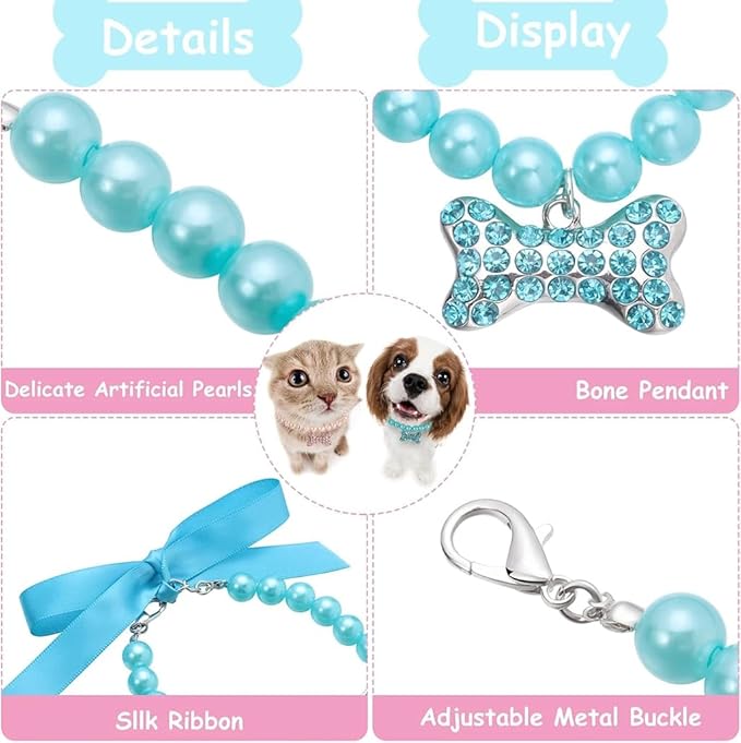 Dog Pearl Necklace White Rhinestones Bone,Dog Collar for Small Dogs Girl,Bling Diamond Crystal Princess Jewelry for xs s Small Puppy Kitten Pets Dogs