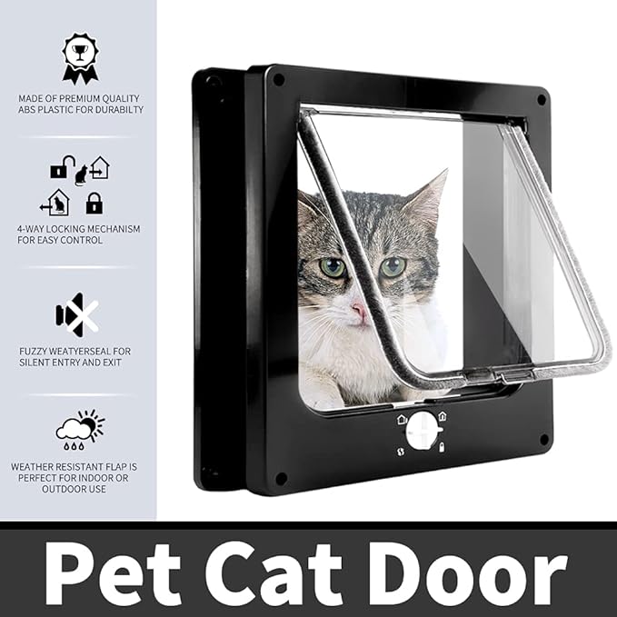 Cat Doors(Outer Size 11.6" x 10"), 4-Way Locking Cat Door for Interior Exterior Doors, Weatherproof pet Door with Magnet for Cat or Dog < 23.6 inches in Girth(Black XL)