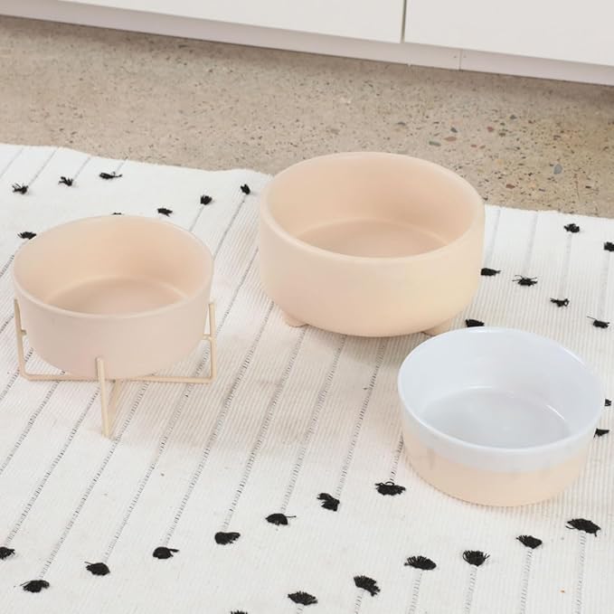 Waggo Simple Solid Dog Bowl and Dog Bowl Stand - Single Iron Stand with Single Ceramic Feeder or Water Bowl (Small, Matte Buttercream)