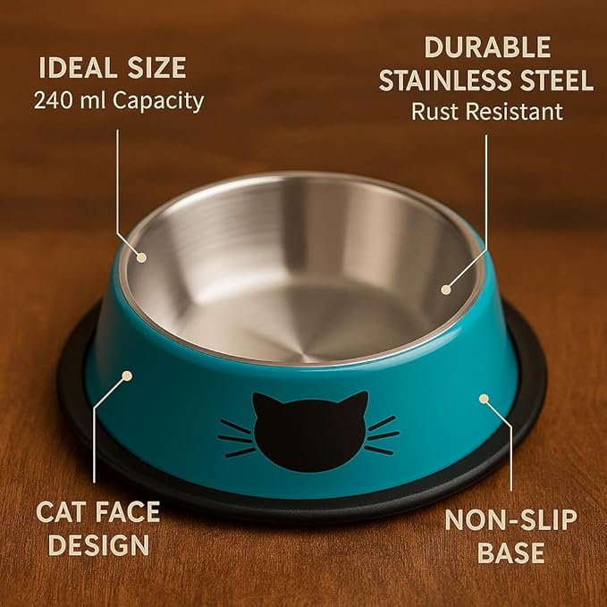 4 Pack Printed Stainless Steel Cat Bowls – 8.1 fl oz Anti-Skid Food & Water Cat Feeding Bowls|Cat Dish for Food and Water Bowl|Cat Feeding Bowl for Kitten (Grey, Red, Orange & Blue)
