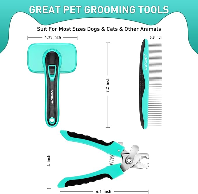 Dog Brush - 3 Pcs Self Cleaning Slicker Brush & Nail Clippers & Pet Comb for Dogs,Cats and Horses, Skin Friendly Deshedding Grooming Tool whit Short Long Haired Pets