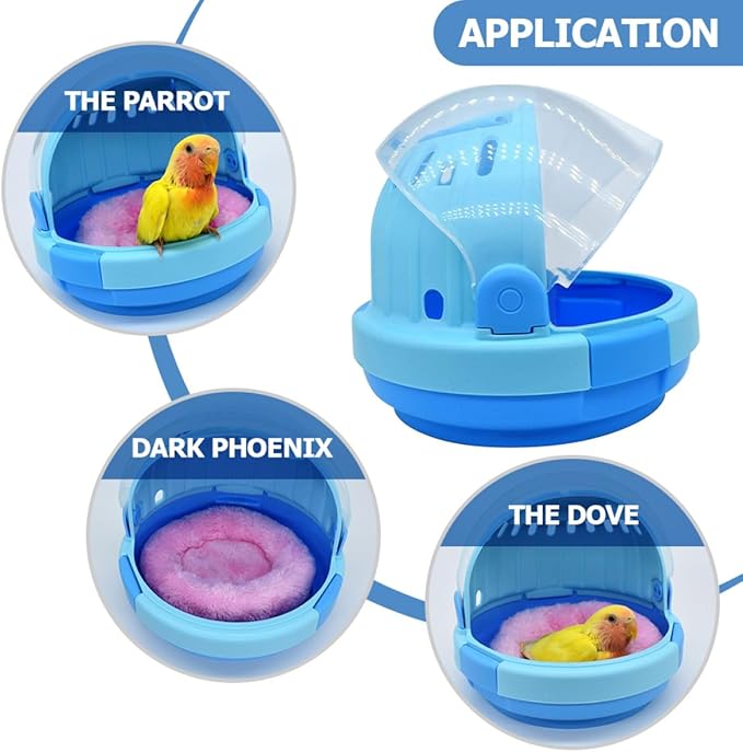 BESTonZON Portable Parrot Carrier Cage with Blue Plush Nest Pad, Handheld Small Birds Travel Cage for Small Parrots and Parakeets, Outdoor Warm Space Capsule Bird Carrier