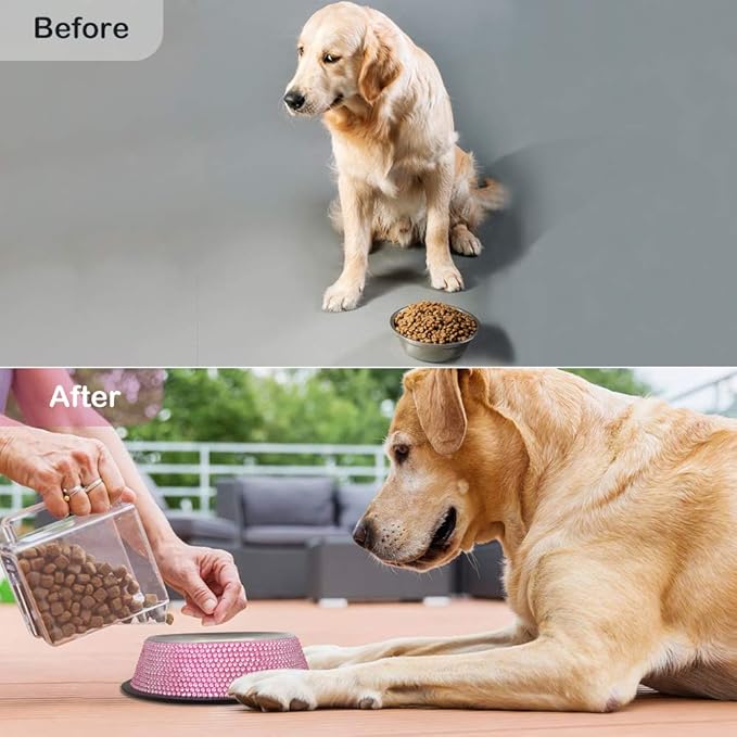 Triumilynn Rhinestone Cat Bowls Rhinestone Dog Bowls, Pink Cat Food Bowl Pink Bling Dog Bowl Stainless Steel for Small Pets Food Water Dishes-2 Pack
