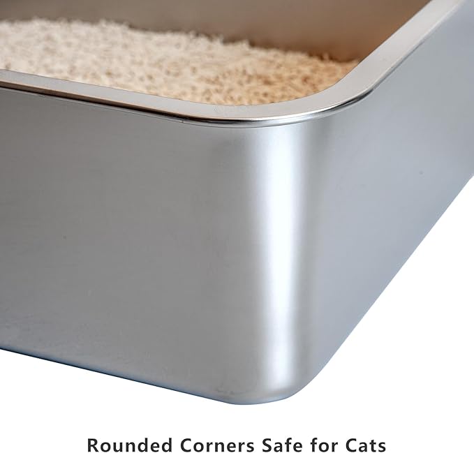 Stainless Steel Cat Litter Box Set, Includes Catnip Fish Toy & Wand Feather Toy Refill, Easy to Clean, Pet Toilet Supplies for Kitten, Kitty, Rabbit, Metal Litter Pan for Kittens and Adult Cats