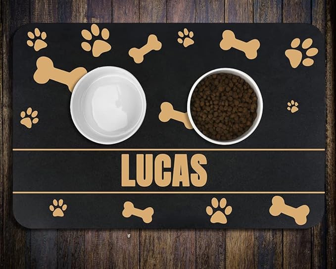 Personalized Cat Dog Food Mat - Non-Slip, Waterproof, Custom Pet Mat with Golden Bone and Paw Prints