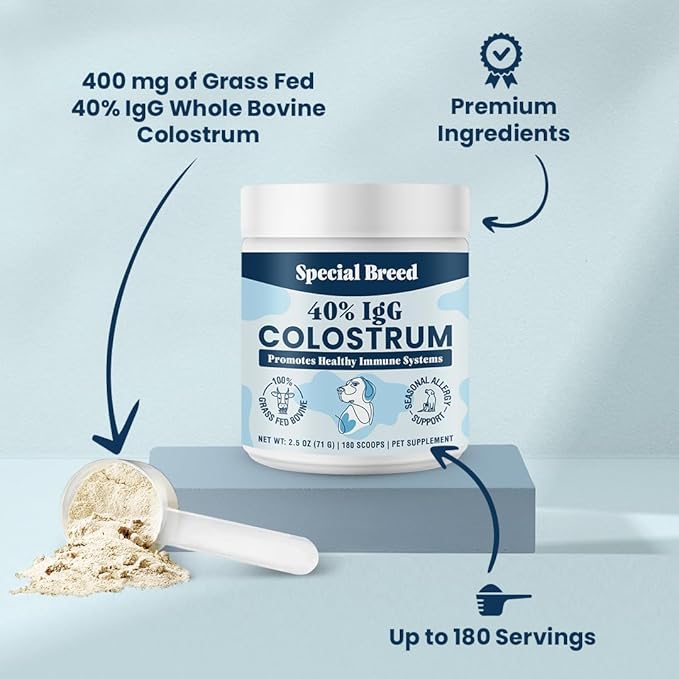 40% IgG Grass Fed Colostrum for Dogs, Third Party Tested High Potency Colostrum Powder, Immune Support, Prebiotic Gut Health, Seasonal Allergy and Itch Relief, Made in USA, 2.5 Oz