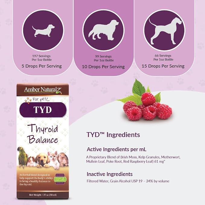 Amber NaturalZ TYD Thyroid Balance Herbal Supplement for Dogs, Cats, Birds, Guinea Pigs, and Rabbits | Herbal Pet Supplement for Thyroid Health | 1 Fluid Ounce Glass Bottle | Manufactured in The USA