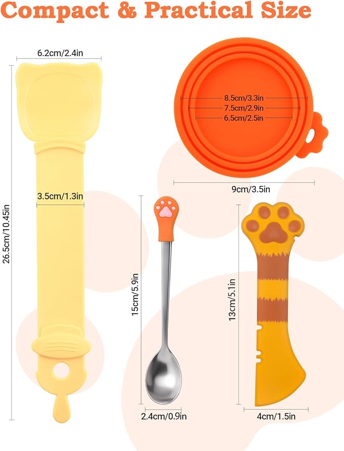 6 PCS Cat Food Can Covers Lids Set, Multi-Function Cat Food Spoon & Silicone Storage Lids with Opener, Cat Bar Squeezer, Stainless Steel Wet Food Spoon for Feeding, Storage and Cats & Dogs (Orange)