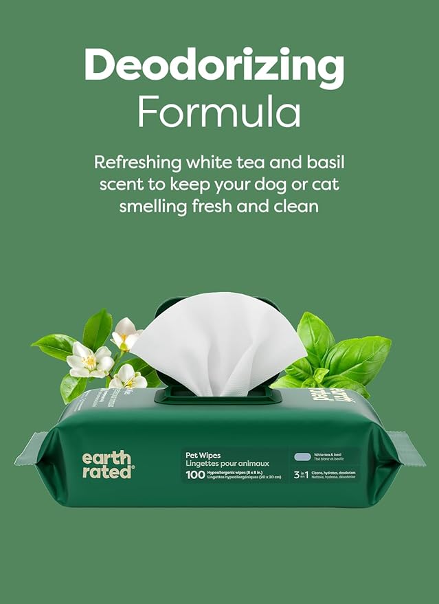 Earth Rated Pet Wipes for Dogs and Cats, Hypoallergenic, 3-in-1 Cleaning, Deodorizing and Hydrating, for Grooming Paws, Body and Butt, New White Tea and Basil Scent, 100 Count (Pack of 2)