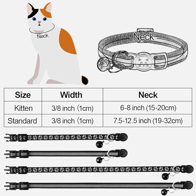 Taglory Reflective Cat Collar Breakaway with Bell, High Visibility Night Strip, Lightweight Adjustable Nylon Collar for Boy Girl Cats, 2 Pack, 7.5-12.5 Inch, Black