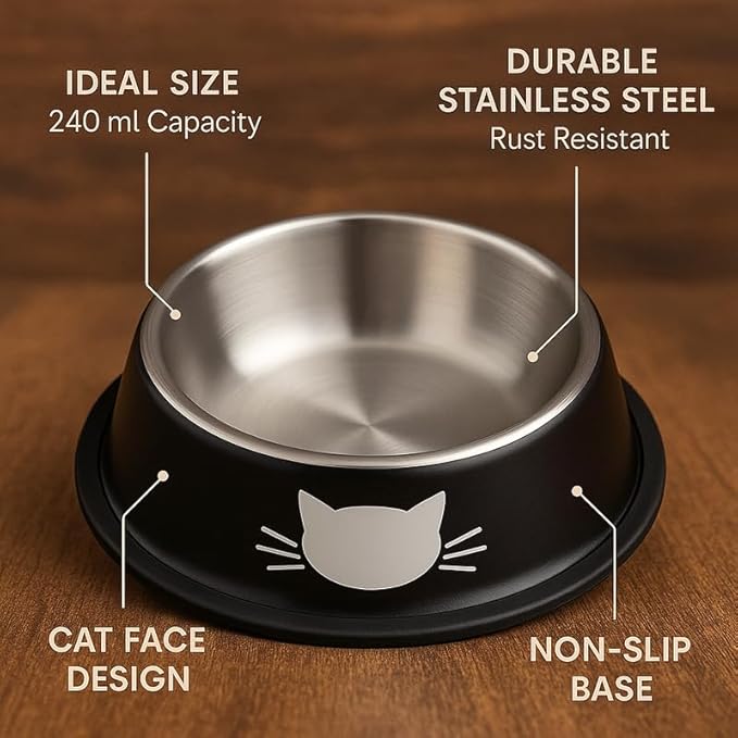 3 Pack Printed Stainless Steel Cat Bowls – 8.1 fl oz Anti-Skid Food & Water Cat Feeding Bowls|Cat Dish for Food and Water Bowl|Cat Feeding Bowl for Kitten (Grey, Black & Red)