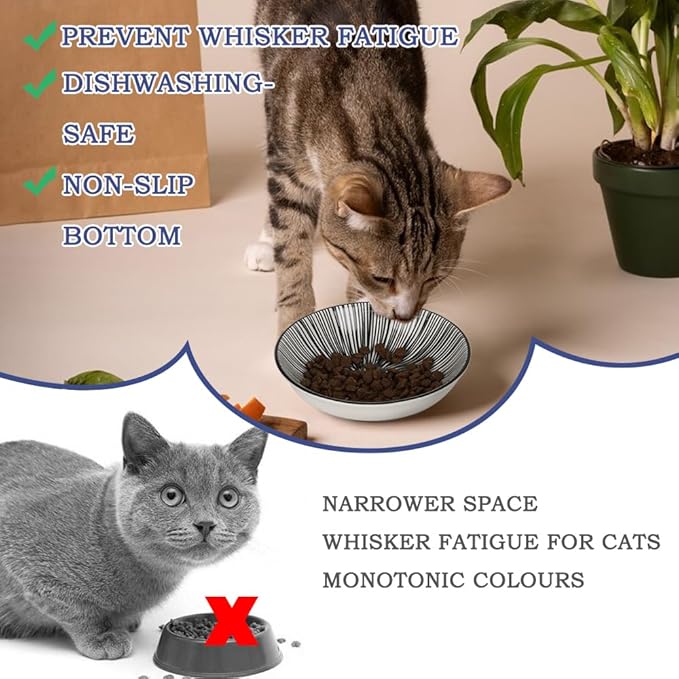 HAPPY KIT 2pcs Ceramic Cat Food Bowls for Indoor Cats Set,5.7 inch Colorful Cute Feeding Plate with Non Slip Mat,8.5oz Cat Dish/Dishes,Wide Shallow Bowl Whisker Friendl