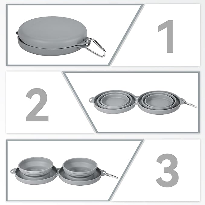 Collapsible Dog Water Bowl 2 in 1 Foldable Pet Food and Water Bowl Portable Cats Dishes with Carabiner Clip for Traveling Hiking Camping Walking (Grey)