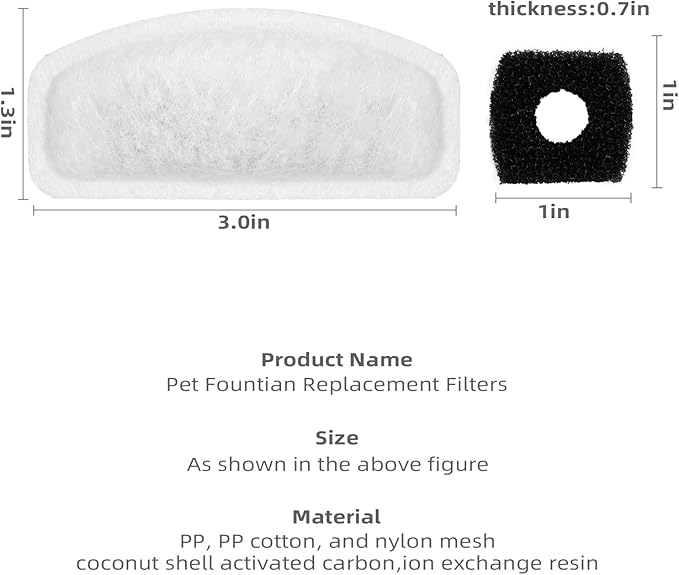 Cat Water Fountain Filter Pet Drinking Fountain Filter, Replacement Filters for D30 67oz/2L Automatic Carbon Pet Water Fountain Filters, Triple Filtration 12 Pack (6Pcs Black Sponge)