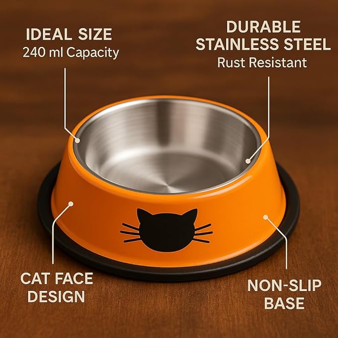 2 Pack Printed Stainless Steel Cat Bowls – 8.1 fl oz Anti-Skid Food & Water Cat Feeding Bowls|Cat Dish for Food and Water Bowl|Cat Feeding Bowl for Kitten (Orange & Red)