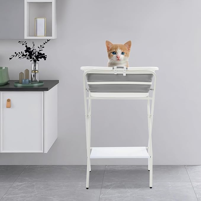 2 in 1 Dog Bathtub Small Pet Bathtub with Stand, Foldable Pet Bath with Drainage Tube, Portable Dog Washing Station for Small Dogs Cats, Indoor & Outdoor, 110.23lbs Load, 26'' L×16.5‘’ W×38.8'' H