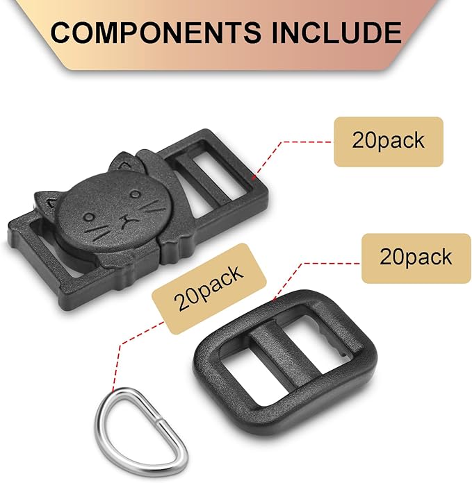 CooBigo 3/8" Breakaway Cat Collars Clasp Kit, 20 Set Break Away Lanyard Clasp Cat Safety Collar Paracord Buckles Accessories(Black)