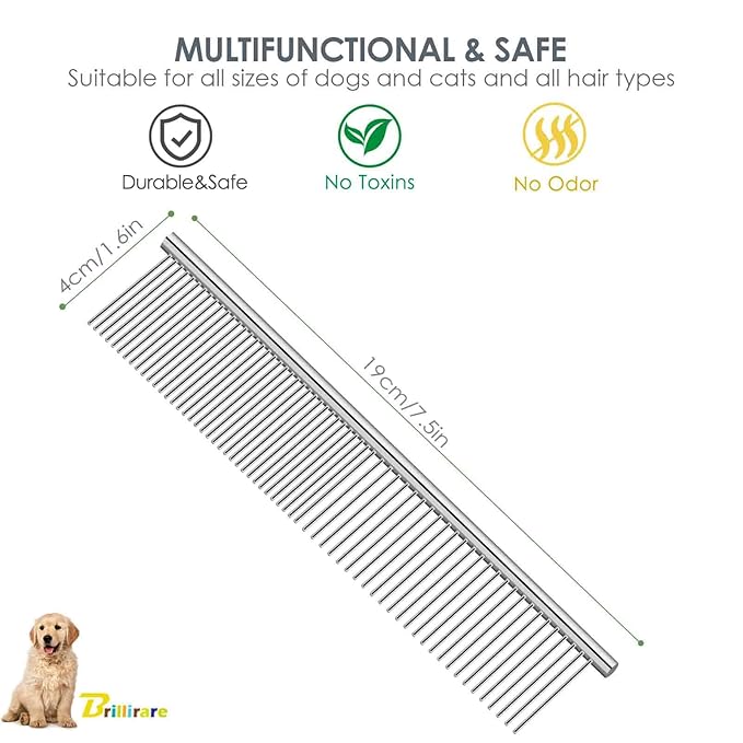 2 Pack Dog Grooming Comb Pet, Stainless Steel Cat Combs with Rounded Teeth, Professional Metal Tear Stain Remover, Dematting Tool for Small, Medium & Large Pets-7.5in