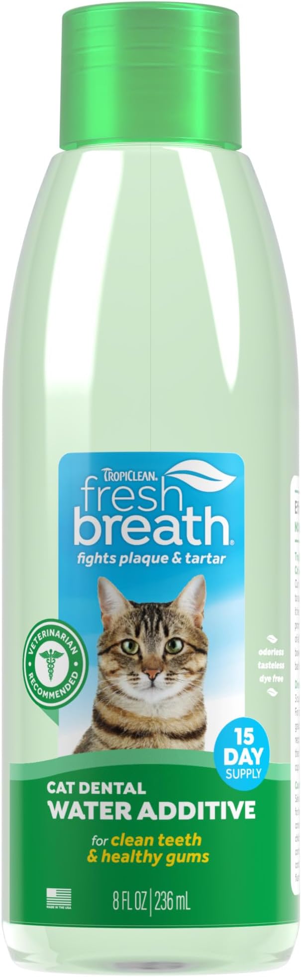 TropiClean Fresh Breath Oral Care Water Additive for Cats, 8oz - Dental Health Solution - Cat Breath Freshener - Plaque & Tartar Defense - Made in USA with Naturally Derived Ingredients