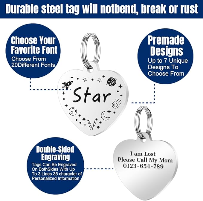 Personalized Dog Tags, Stainless Steel Pet Tags Personalized Cat, Collar Charm Engraved on Both Sides, up to 4 Lines of Custom Text, Multiple Patterns Colors Size Options (Star, Large)