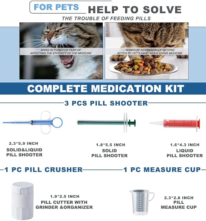 Cat Pill Shooter Kit 5 Pcs – Pet Piller Gun Dog, Pill Cutter Crusher, Soft Tip Syringe & Liquid Medicine Dispenser with 100ml Measuring Cup for Cats Dogs (2025 Upgrade)