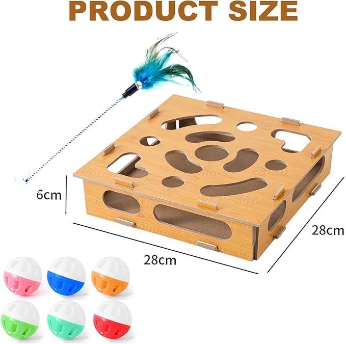 Cat Scratch Puzzle Enrichment Box,Cat Toy Box for Indoor,Cat Toy Box with 2 Balls & 1 Cats Teasers