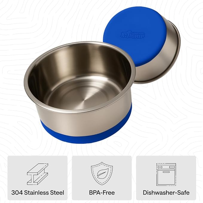 GORILLA GRIP Dog Bowls, Food Grade 304 Stainless Steel, Holds 8 Cups Each (64 fl oz) Food and Water Bowl for Feeding Dogs and Cats, Dishwasher Safe, Rust Resistant, BPA Free Rubber Base Set of 2 Blue
